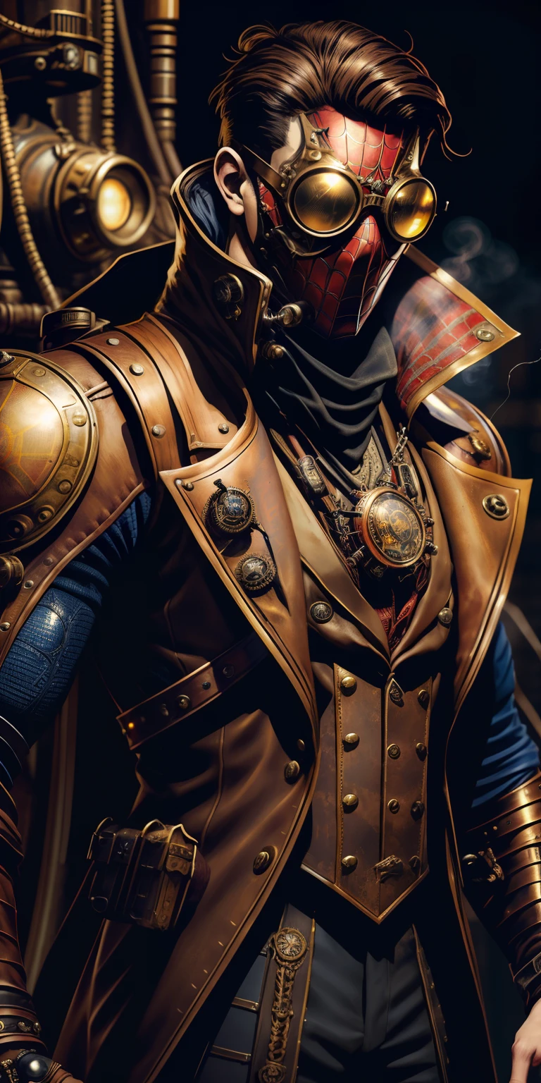 Spider-Man Steampunk sports a leather and brass suit adorned with mechanical details. Its chest features a spider gear that is a steam generator. He uses steam cannons on his wrists as "spiderwebs". His mask has smoked lenses and aviator-style goggles.. Battle mechanical villains and command pirate airships in an alternate industrial age. 🕸️🚂🔧