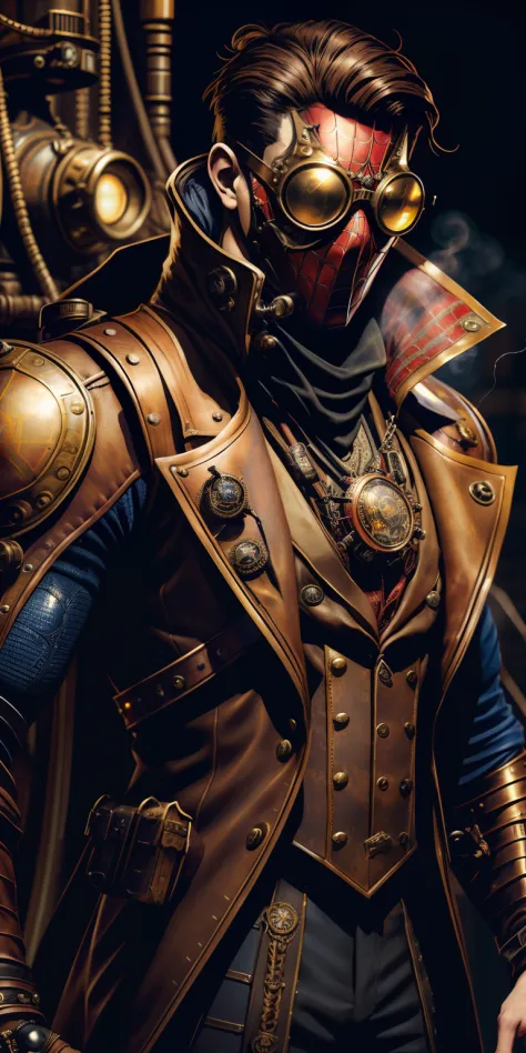 Spider-Man Steampunk sports a leather and brass suit adorned with mechanical details. Its chest features a spider gear that is a...