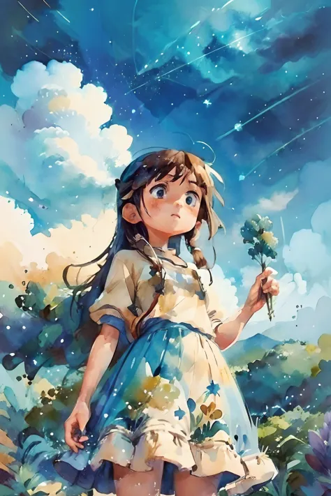 Makoto Shinkai, fotografia de paisagem expansiva , (view from below，stars daytime sky), a girl standing on flower field looking ...