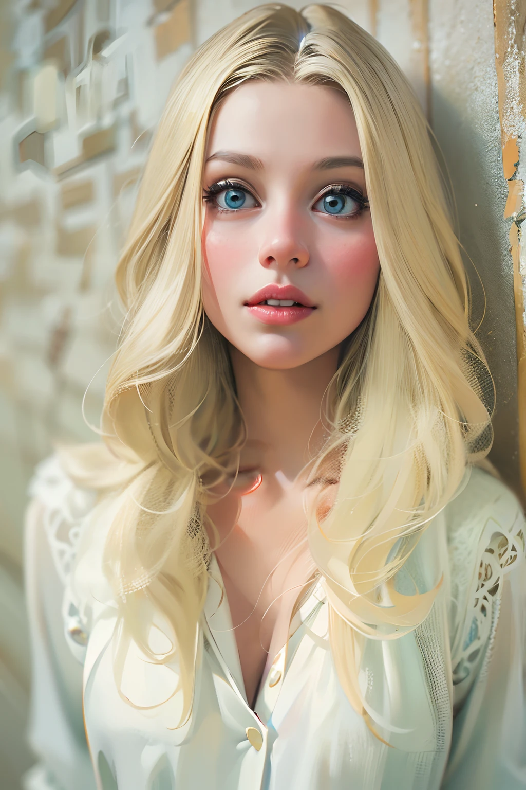 Ganzkörper. Eine blonde Frau mit weißer Haut, 28 Jahre alt. Sie hat lange, gerade, glänzendes Haar und riesige, fesselnde Augen.