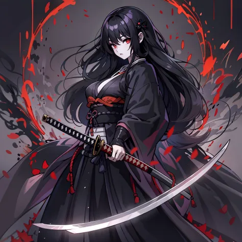 upper body, 1woman, grey-black hair, Long Haired, red eyes, ((ronin)), black cape, big breats, wallpaper, chain background, ligh...