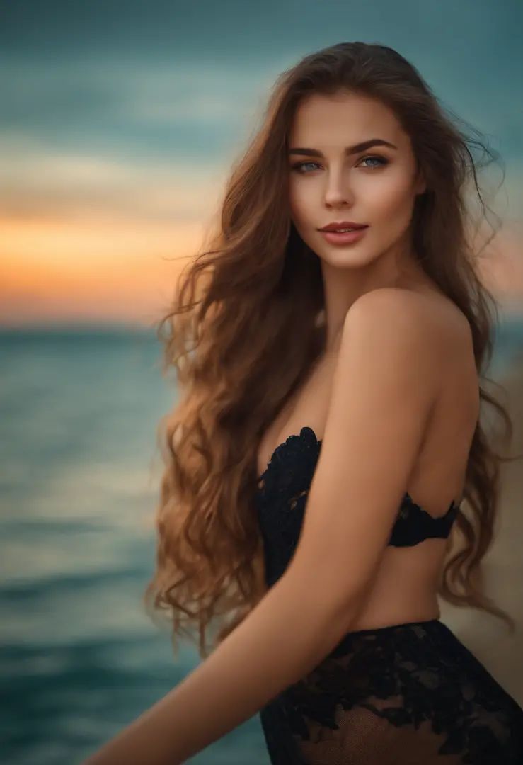 1girl, russian, beautiful eyes and lips, long hair, nostalgic smile, outstanding colors, beautiful background, perfect eyes, (nsfw, nude, thigh, slim body:1.3), sea, outdoor