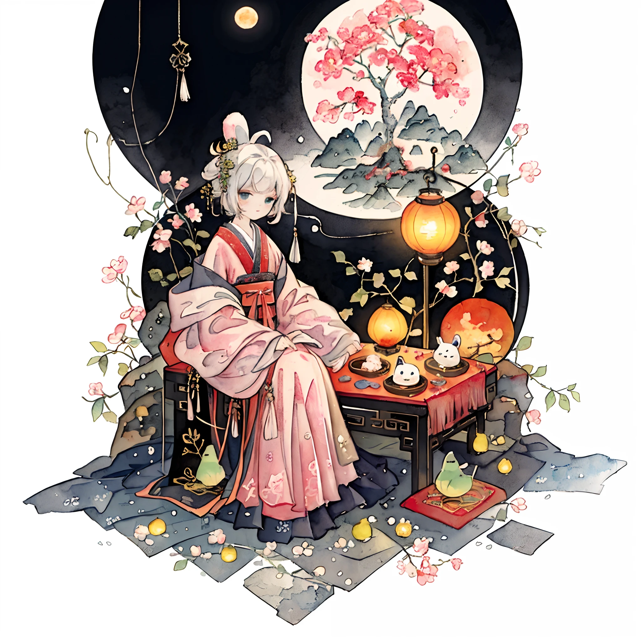 (pastelcolor:1.3)、(linda ilustración:1.3)、(pintura de acuarela:1.1),（Un conejo：1.4）, exteriors，Apoyado en el borde del árbol, mirar hacia la luna, la luna；1.2，（（osmanto dulce，Linterna Kongming，pastel de menisco：1.3）），Ambiente del Festival del Medio Otoño：1.3，（kanji chino：1.3），Estilo de ilustración tradicional china, arte digital, fondo sencillo, Obra maestra sobre fondo blanco., mejor calidad, ultra detallado, alta calidad, 4k