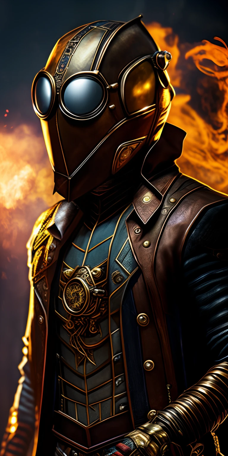 Spider-Man Steampunk sports a leather and brass suit adorned with mechanical details. Its chest features a spider gear that is a steam generator. He uses steam cannons on his wrists as "spiderwebs". His mask has smoked lenses and aviator-style goggles.... Fight mechanical villains and command pirate airships in an alternate industrial age. 🕸️🚂🔧, Suave, Warm lighting with touches of volumetric lighting and quality, HDR ultra definition 4k, La mejor calidad posible