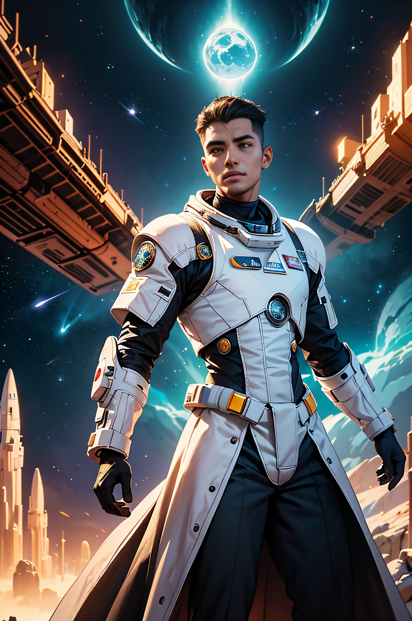 Hay una pintura digital de un hombre en un traje espacial, Astronauta azteca, sci fi artwork, sci fi artwork, sci-fi digital art illustration, inspirado por Josan Gonzalez, por Jason Benjamin, Traje espacial polvoriento, astronauta detallado, Epic Sci - Arte de personajes de FI, epic scifi character art, sci - fi pilot, detailed sci-fi art