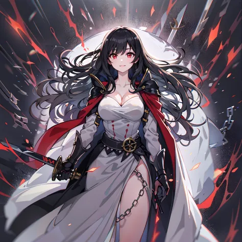 upper body, 1woman, grey-black hair, long haired, red eyes, ((swordwoman)), black cape, big breats, wallpaper, chain background,...