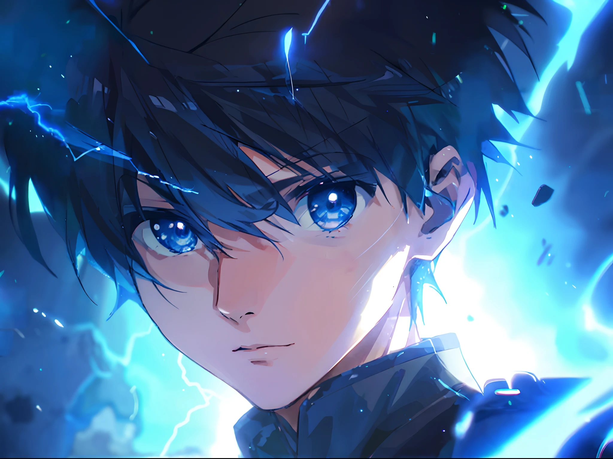 Anime boy with lightning bolts and blue eyes in his hair, epic 8 k hd anime shot, style of anime4 K, an epic anime of a energy man, anime moe art style, 4K anime wallpaper, Anime wallpaper 4K, Anime wallpaper 4 k, screenshot from the anime film, anime cgi style, Anime lighting, profile picture 1024px