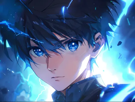 Anime boy with lightning bolts and blue eyes in his hair, epic 8 k hd anime shot, style of anime4 K, an epic anime of a energy m...