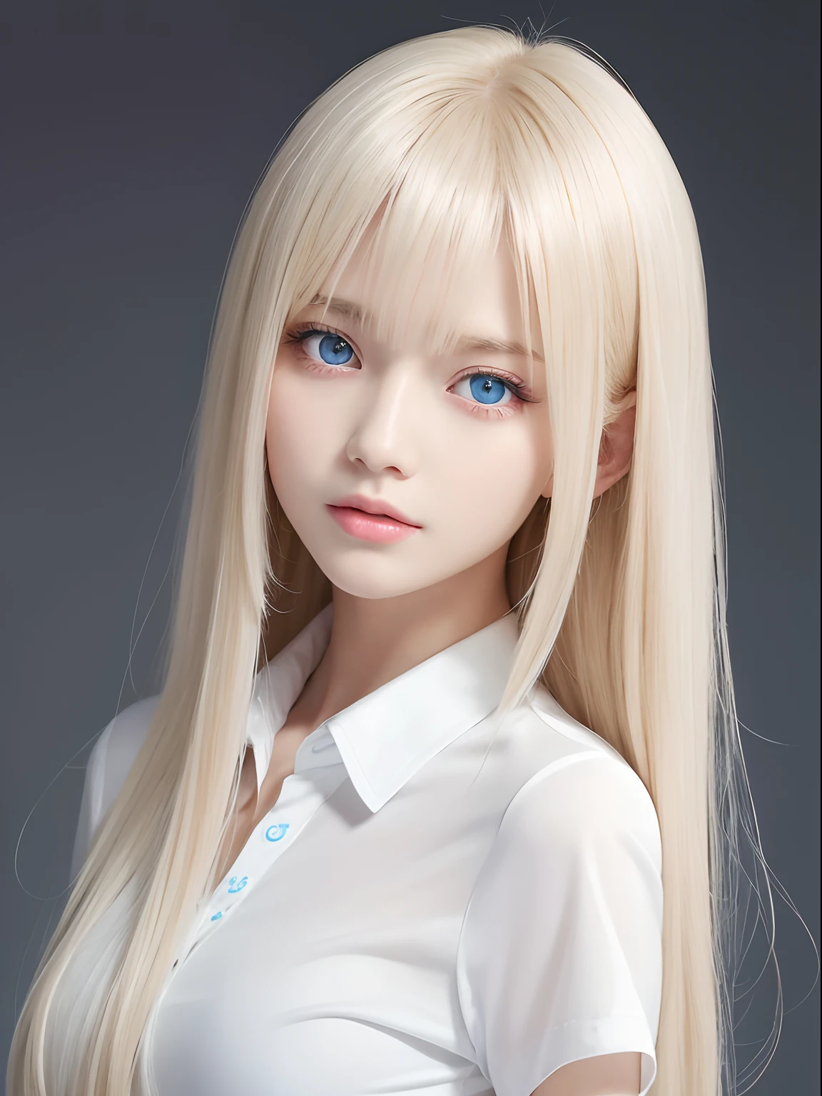 Unparalleled beauty, Lustrous firmness and shiny skin, Bangs between the eyes, Glossy Straight Beautiful Platinum Blonde, Super Long Straight Silky Hair, eye line, Sexy beautiful innocent , High definition big beautiful bright blue eyes, Beautiful and nice girl, Baby face, Short sleeve shirt