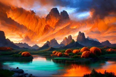 best quality, 4k, uhd, absurdres, photograph of green and orange clouds, sunset, highly detailed, mountains, ornate, vivid, mast...