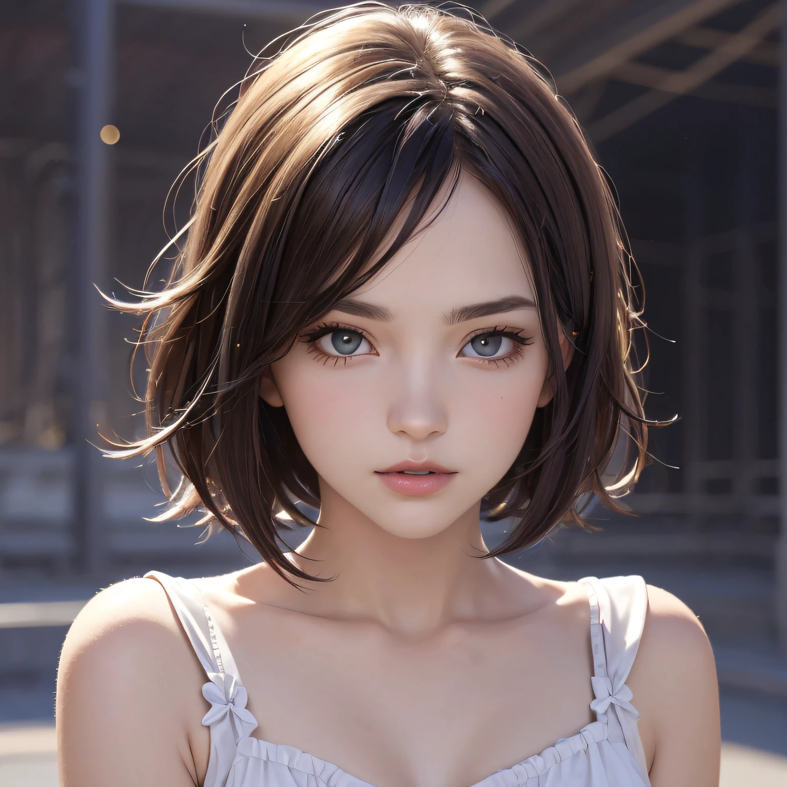A woman with a short brown hair and a white top - SeaArt AI