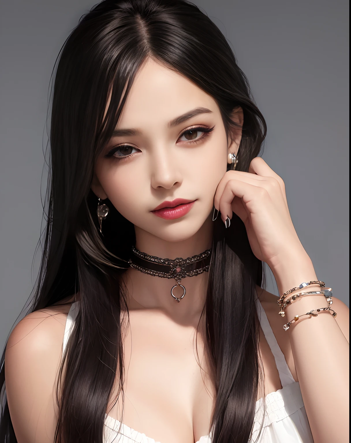 masterpiece,best quality,ultra-detailed,8K,detailed light,detailed shadow,RAW, (detailed skin),(realistic:1.2),
1girl,face,
pilyeon, black nails, jewelry, Long hair, looking at viewer, choker, necklace,piercing, white background, heart, closed mouth, grey eyes, nail polish, simple background, black hair, ear piercing, black choker, smile, eyelashes, lips, hand on own cheek, bangs, bracelet, beads, gem, earrings, fingernails