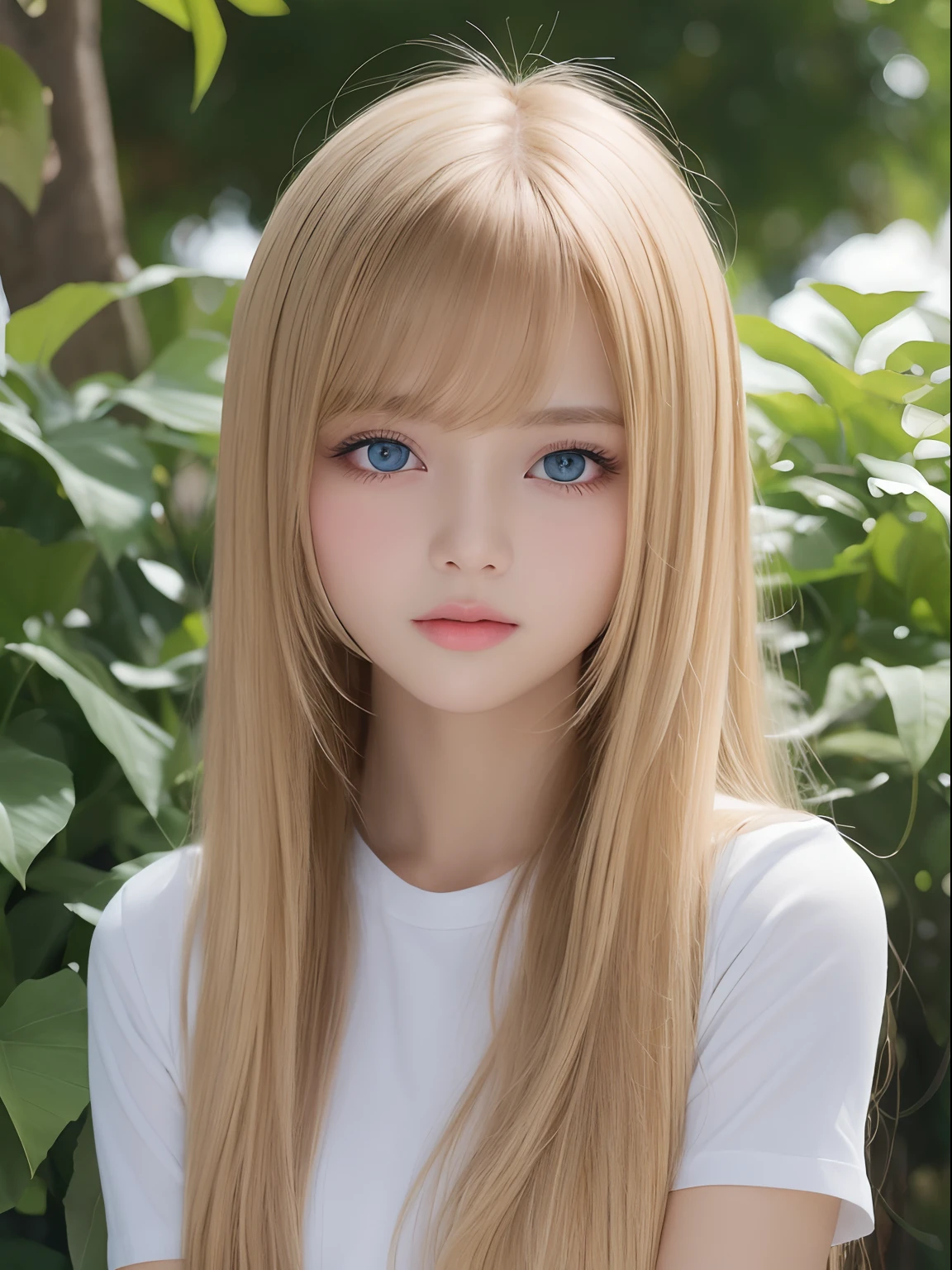 Unparalleled beauty, Lustrous firmness and shiny skin, Bangs between the eyes, Glossy straight beautiful dazzling blonde, Super Long Straight Silky Hair, eye line, Sexy beautiful innocent 14 years old, High definition big beautiful bright blue eyes, Beautiful and nice girl, Baby face, Short sleeve shirt