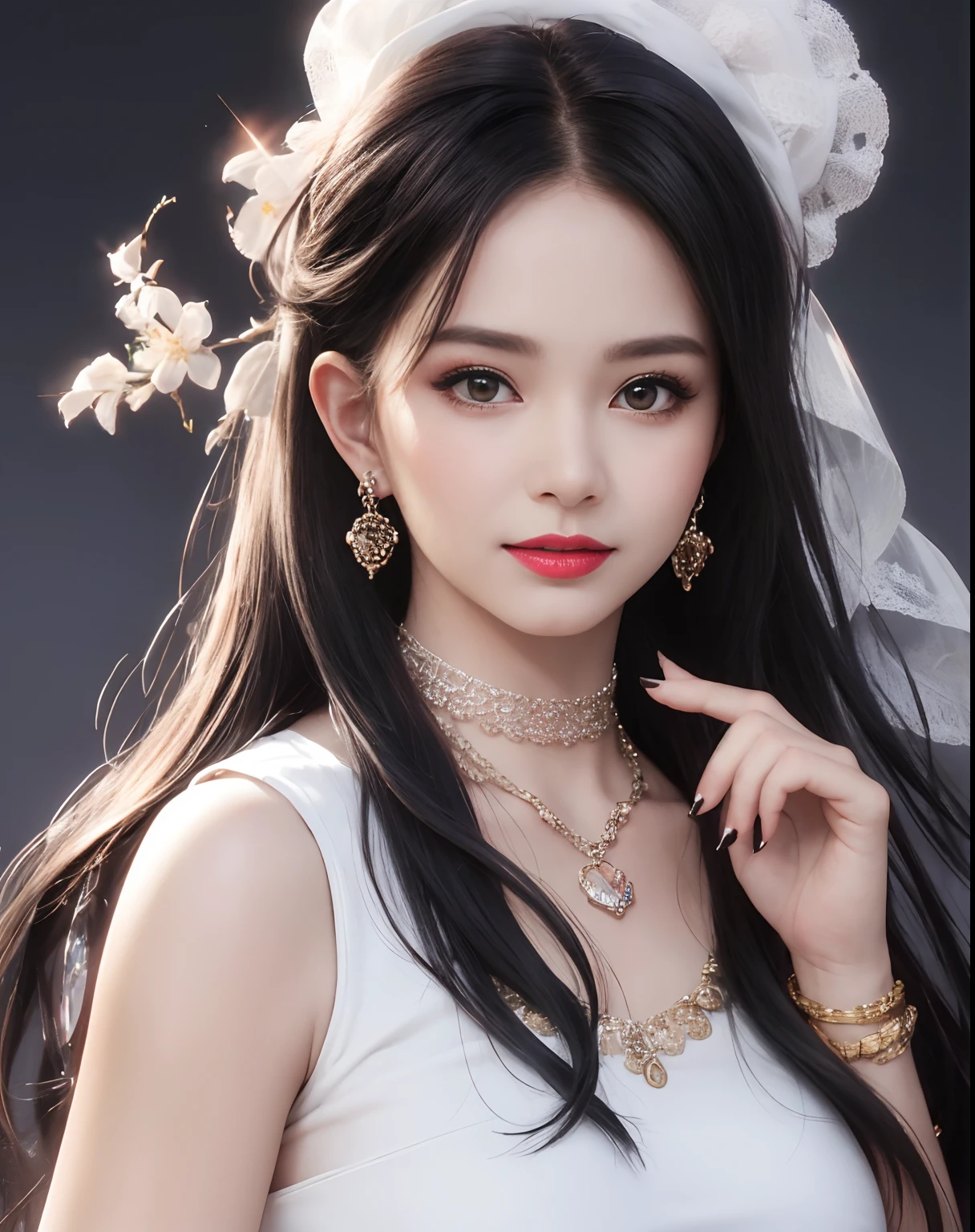 masterpiece,best quality,ultra-detailed,8K,detailed light,detailed shadow,RAW, (detailed skin),(realistic:1.2),
1girl,face,
pilyeon, black nails, jewelry, Long hair, looking at viewer, choker, necklace,piercing, white background, heart, closed mouth, grey eyes, nail polish, simple background, black hair, ear piercing, black choker, smile, eyelashes, lips, hand on own cheek, bangs, bracelet, beads, gem, earrings, fingernails