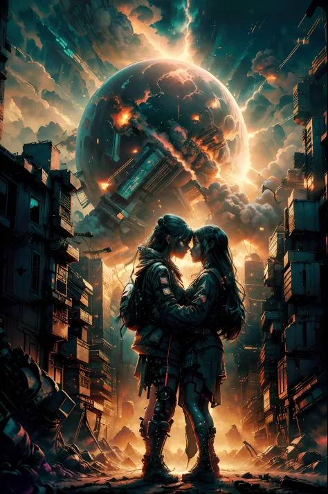 two girls kiss during the end of the world, a girl on a dystopian, post-apocalyptic city street, with an atomic bomb explosion on the horizon. Dark night, neon lights. cyberpunk style. high quality image