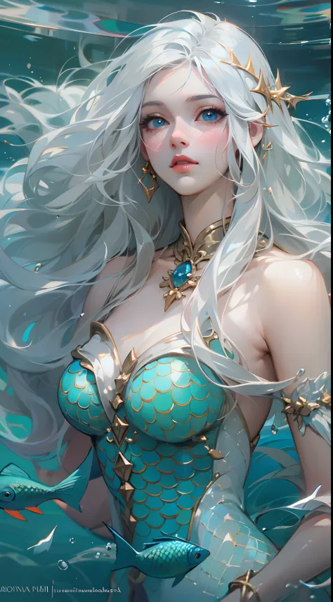 masterpiece, best quality, realistic, a mermaid, 1 woman, long wavy white hair, flying bangs, blue eyes, gorgeous accessories, p...