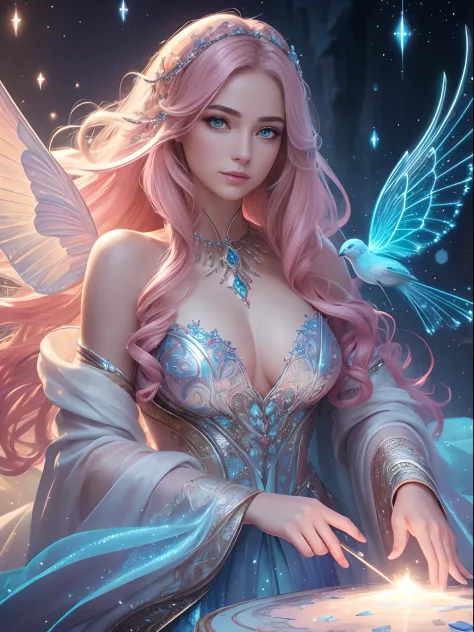 Generate a pretty and realistic fantasy artwork with bold jewel-toned ((((pink and blue)))) hues, pretty glitter and shimmer, and lots of snowflakes. Generate a luminous and petite woman with curly hair, metallic hair, and realistically textured hair. Her ...
