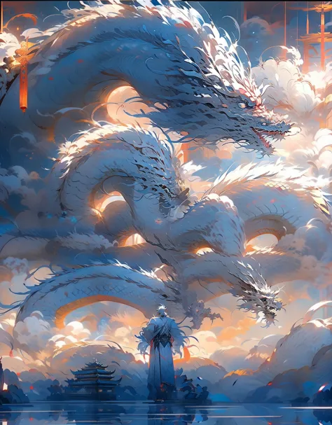 (((Crystal White Dragon)))，chinesedragon，(((Behind him is a huge Chinese dragon)))，Man with amazing figure，(((silber hair))) Red...