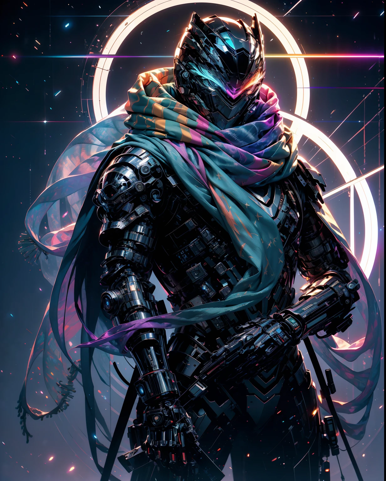 realistic,shiny,reflective,bioluminic, galactic cybernetic mask,mecha,(assassin:1.2),((((scarf,long cloak)))),sh4g0d,GlowingRunes_red,fullbody,cinemnatic,dark background,backlight,high contrast,