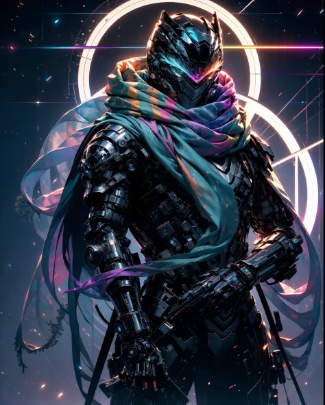 realistic,shiny,reflective,bioluminic, galactic cybernetic mask,mecha,(assassin:1.2),((((scarf,long cloak)))),sh4g0d,glowingrune...