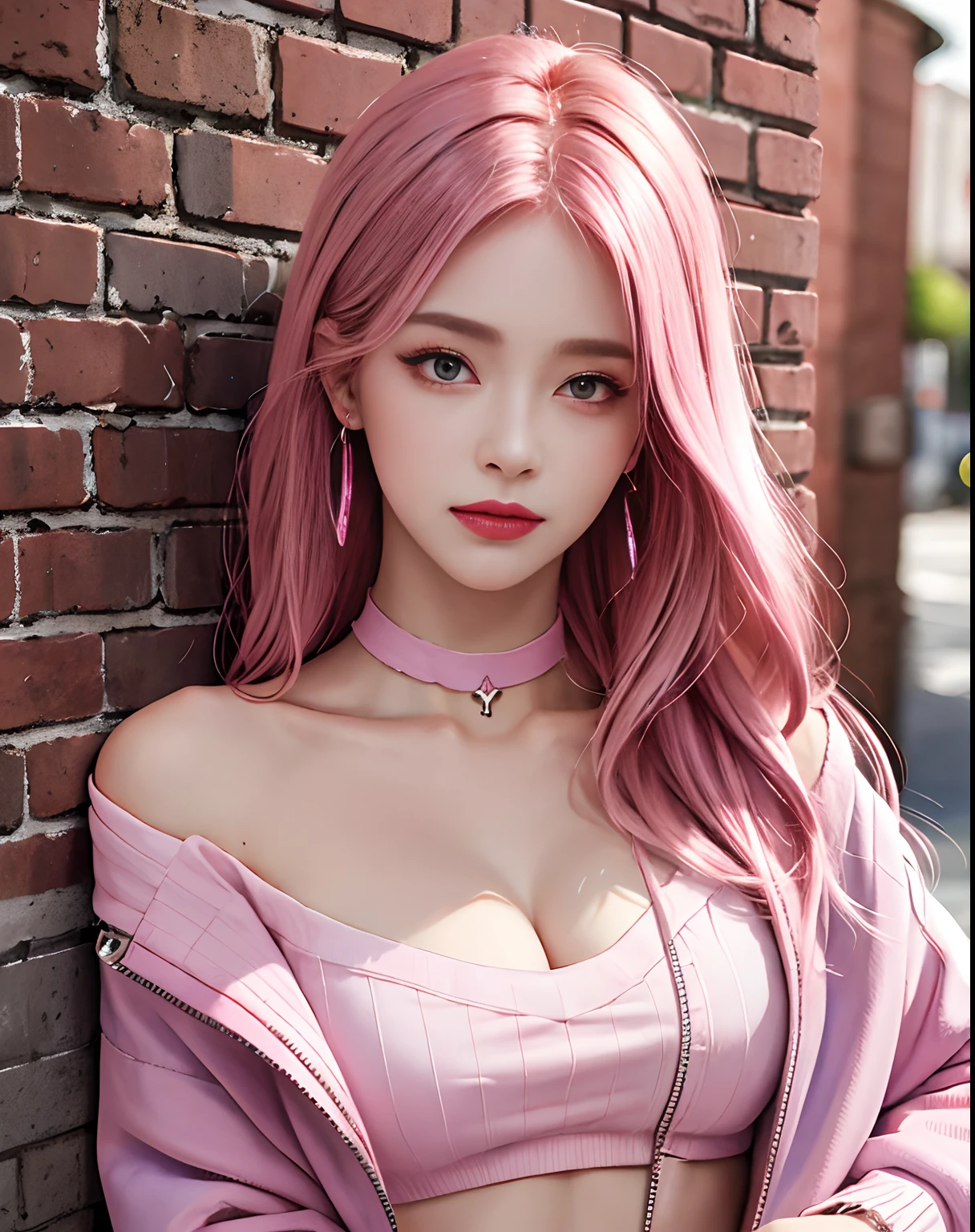 (masterpiece, best quality, 1girl, solo, intricate details, chromatic aberration), realistic, ((medium breath)),long hair, pink hair, red head ornament, pink highlights, hair over one eye,purple eyes, earrings, sharp eyes, choker, neon shirt, open jacket, crop turtleneck sweater,open waist,(perfect symmetrical body),against wall, brick wall, graffiti, dim lighting, alley ,look at viewer