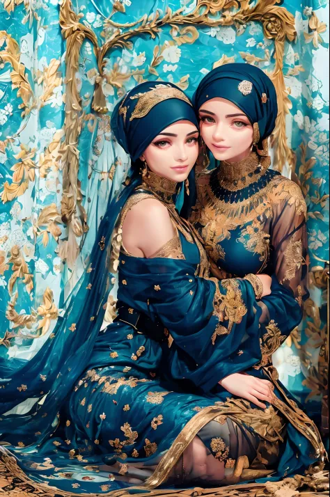 Mavtan Moroccan Islamic surreal super detail,model shoot,two girls sitting together,duo,Dynamic pose,leering,(Dream belt,Dream robes,Fantastic ribbons),Hug and touch each other,Biting a friend's earlobe, Hug each other from behind, Touch your friend's ches...