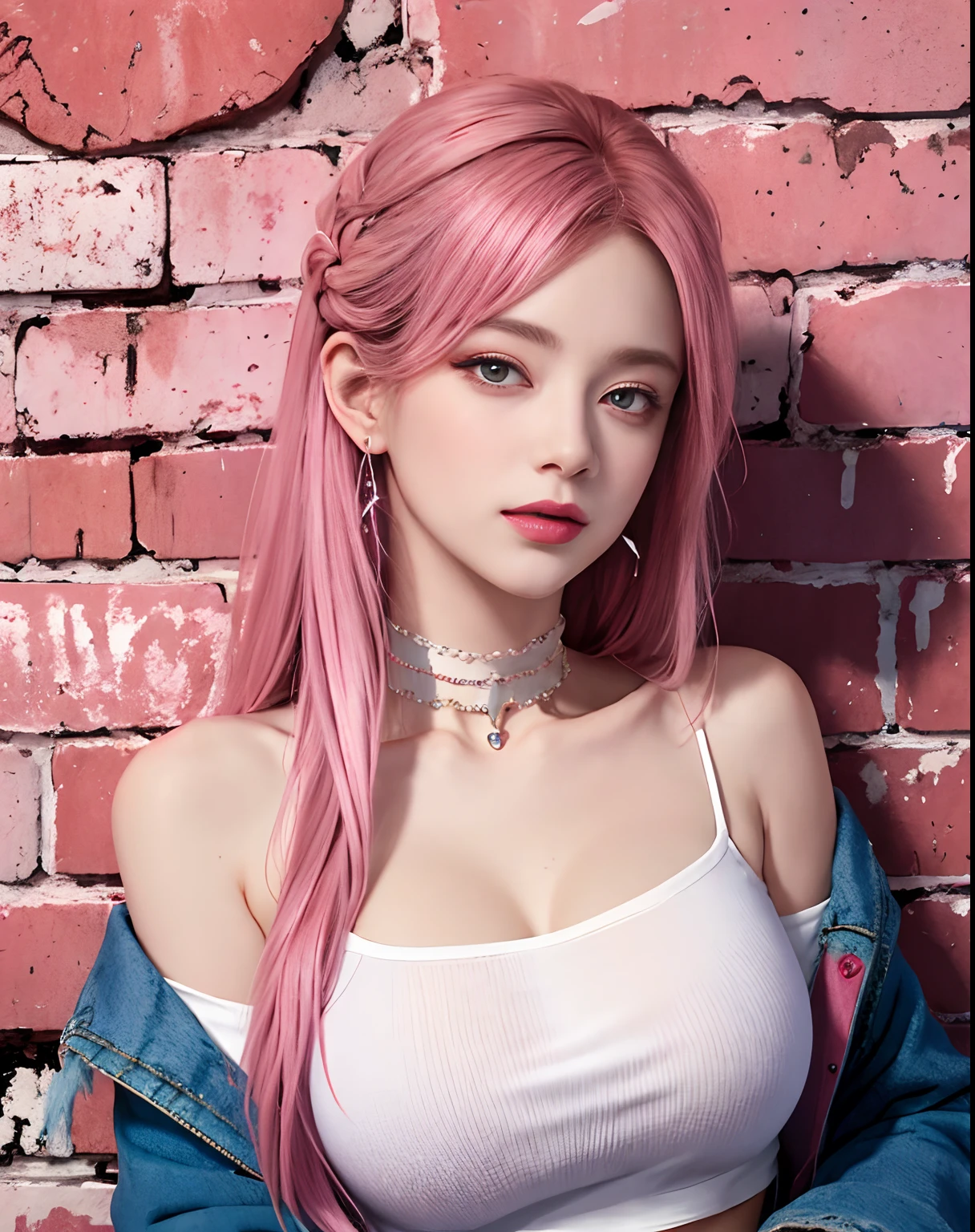 (masterpiece, best quality, 1girl, solo, intricate details, chromatic aberration), realistic, ((medium breath)),long hair, pink hair, red head ornament, pink highlights, hair over one eye,purple eyes, earrings, sharp eyes, choker, neon shirt, open jacket, crop turtleneck sweater,open waist,(perfect symmetrical body),against wall, brick wall, graffiti, dim lighting, alley ,look at viewer