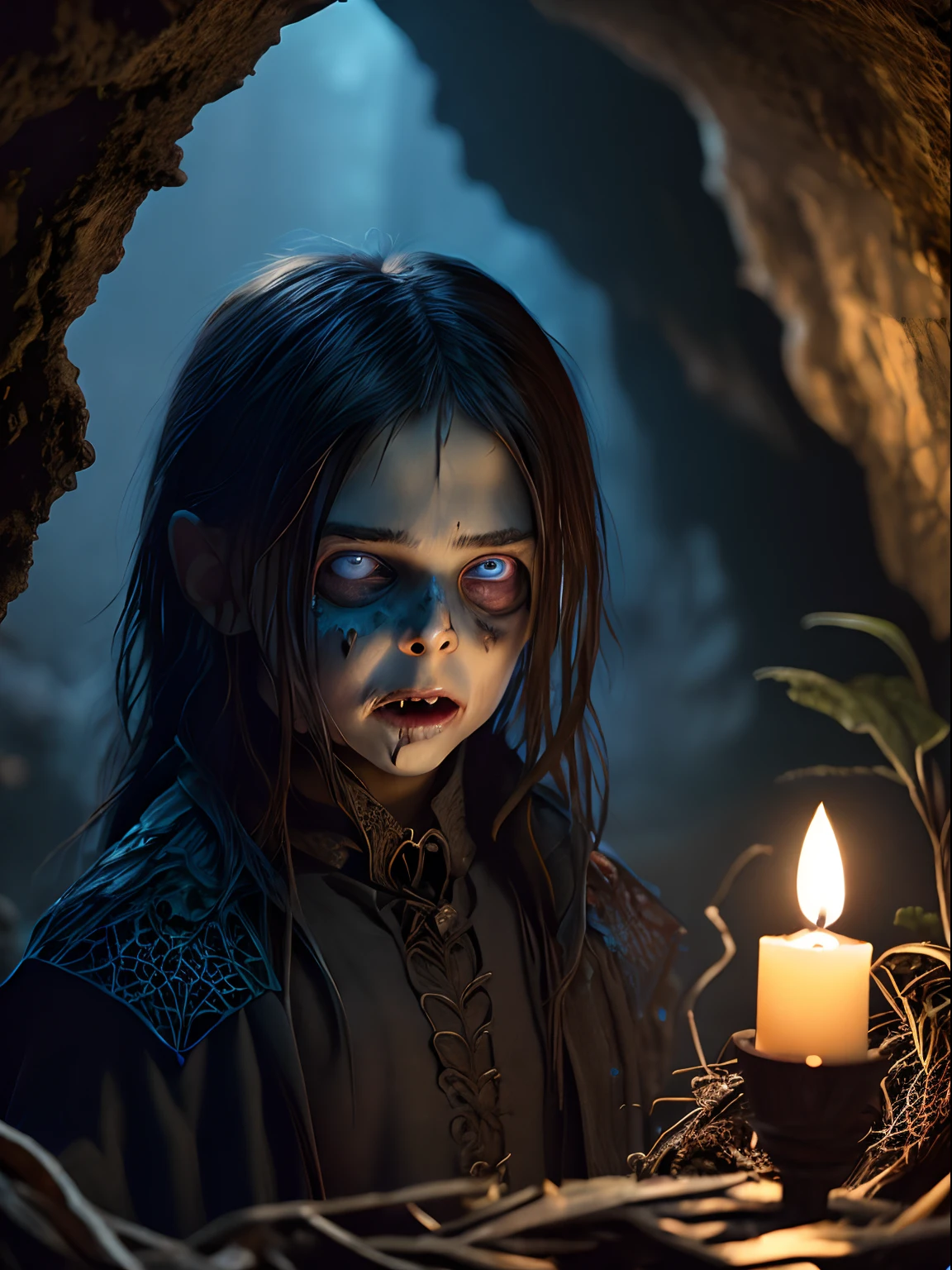 (extremely detailed 8k wallpaper), Dark Theme, Vampire in Masquerade, Modern Horror, uses (simple medieval clothes), fine focus, (subsurface dispersion:1.1), (Ten-year-old boy), (Long black hair), ((blue eyes)):1.2, ((zombie's face.)), award-winning photography, dramatic lighting, a cave with candle lights, ((nest of black spiders))