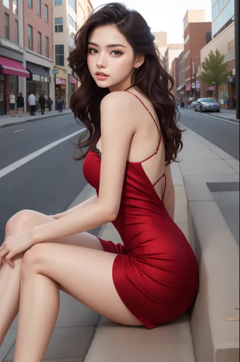 a20 years old woman in a  white spot on the red dress,  sitting down  on a street, downtown background, shot by low angle, cute woman, sexy girl, gorgeous Caucasian woman, attractive girl, gorgeous lady, attractive woman, cute girl,  seductive lady, sexy r...