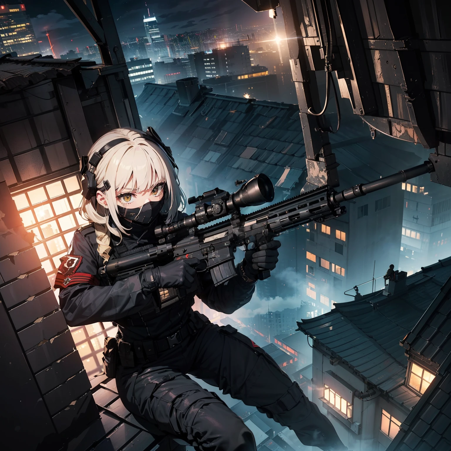 (Trained female soldiers)、((Aim and fire your rifle:1.4、Sniper stance、guns、h&K HK416))、1 Women、thick body、(Black combat uniform)、(platinum-blonde-hair:1.2)、((超A high resolution))、Detail Write、​masterpiece、top-quality、extremely details CG、8K picture quality、Cinematographic lighting、lensflare、(Skyscraper rooftop at night:1.4)、Hyper-detailing、((Dynamic Angle Bust Shots:1.4))、Detailed firearm depiction、Rifle with perfect detail、Perfect barrel that does not distort、Fighter in the sky、Military drones