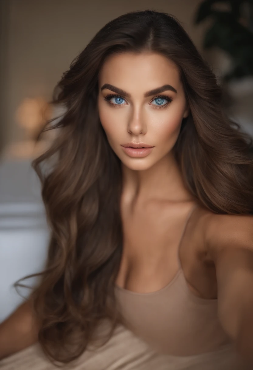 A woman with long brown hair and blue eyes posing for a picture - SeaArt AI