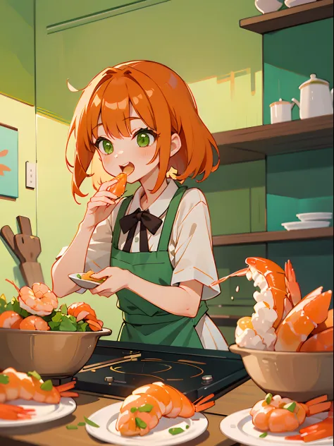 (1girl in、独奏、Competing Art、Orange hair、Green eyes、Laugh、Cooking in the kitchen、Eating shrimp on a plate)