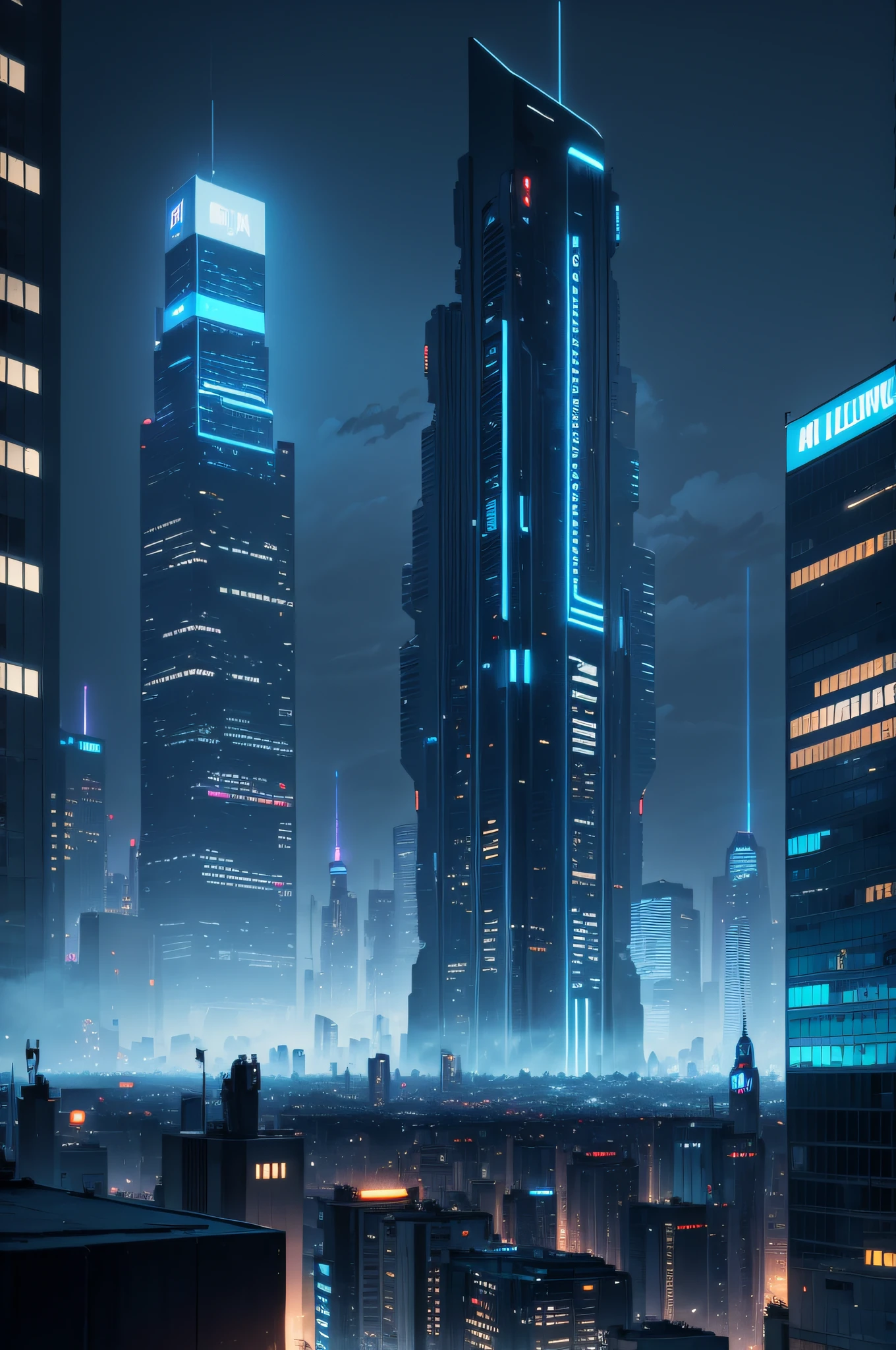 blue , night , city , no human , Cyberpunk , mordan bilding