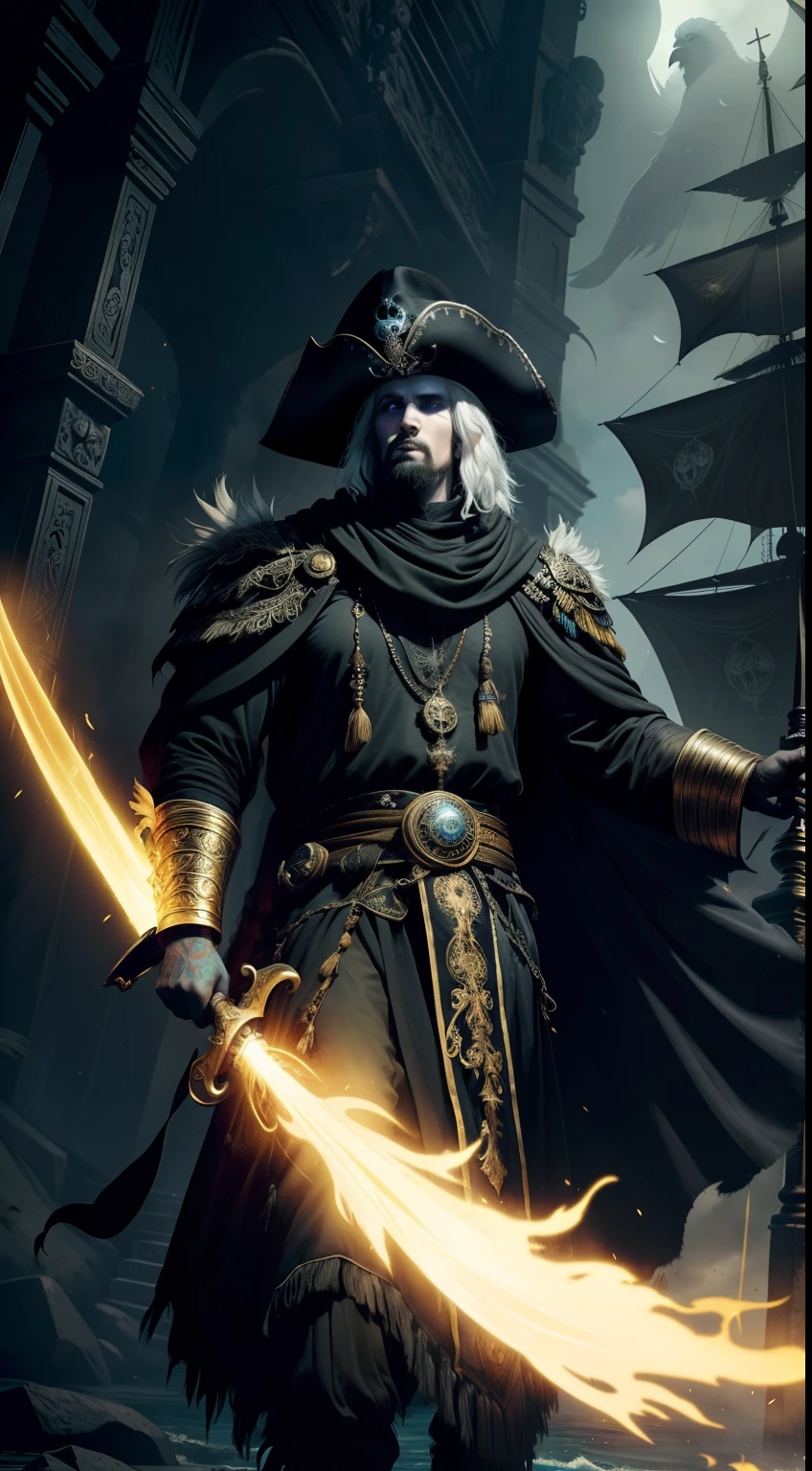 El "Pirata Fantasma" viste un traje de cuero negro con detalles dorados y un sombrero adornado con plumas. Your skin is pale and translucent, con ojos que brillan como llamas doradas. He wields a blackened gold saber and his crew are wandering souls.. En su hombro, A ghost parrot with ethereal plumage repeats his words. Su barco, el "Espectro Marino", It has black candles and is shrouded in a spectral fog.. He is feared for his shocking appearance and his search for cursed treasures in the endless sea. 🏴‍☠️💀🌊, HDR ultra definition 4k