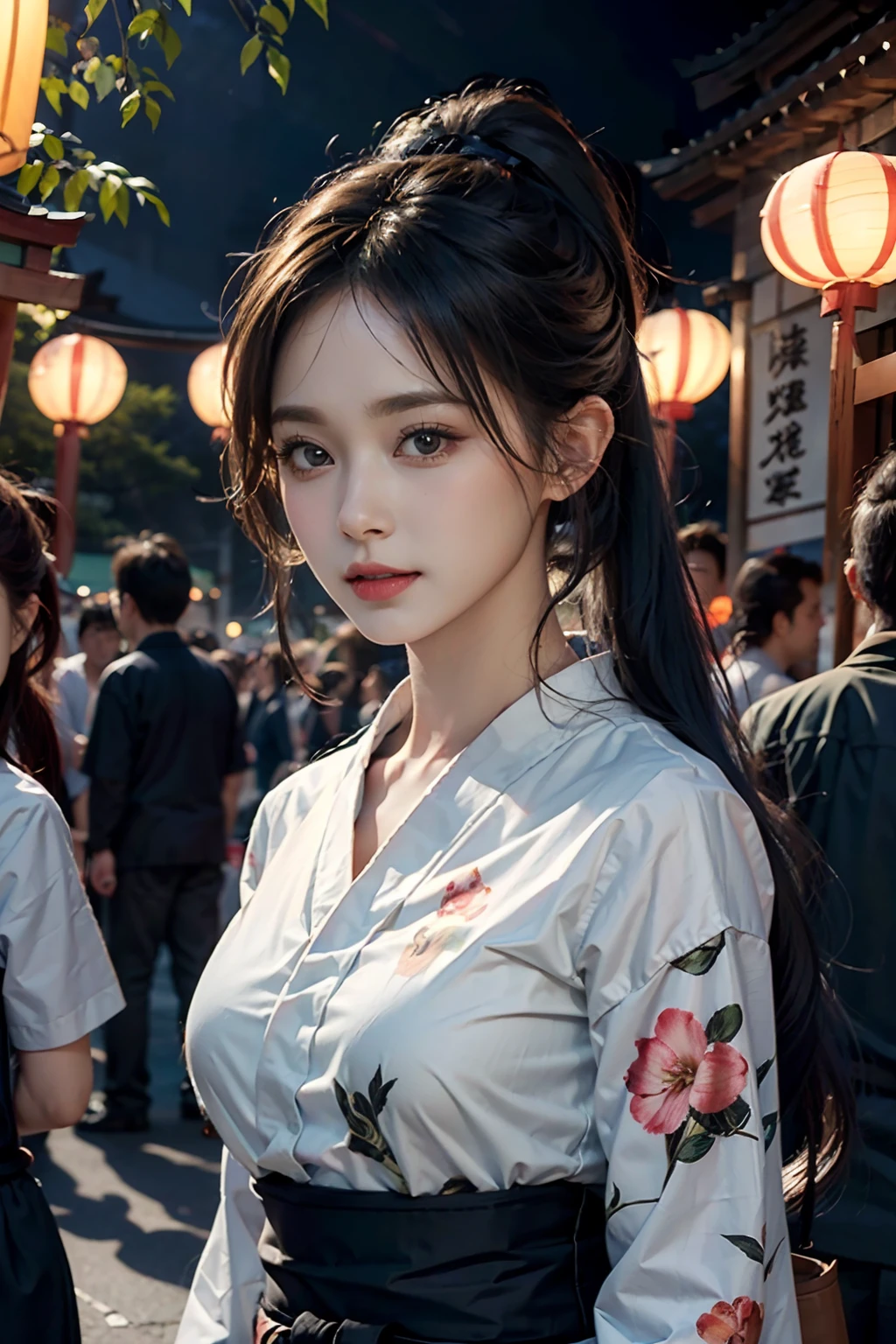 电影灯光，(((tmasterpiece))), ((best qualtiy)), ((intricate and detailed)), ((Ultra-realistic realism)), 4K,1beautiful woman, 25-years old, poneyTail,Ultra-fine yukata,beautiful countenance,Beautiful brown eyes,face perfect,A slender,large full breasts,having a good time, Large fishbowl , Swirling flocks of goldfish, Floating goldfish, Graphic illustration, see fishes swimming,A lot of goldfish, amazing depth, Cutest, Lots of fish balls,Goldfish scooping at a summer festival, (The background is the summer festival of the shrine:1.4), Silver hair, split ponytail, star-shaped pupils, conceptual art, Art Nouveau, Glowing light, nffsw, Textured skin, masutepiece, Anatomically correct, Best Quality, 8K