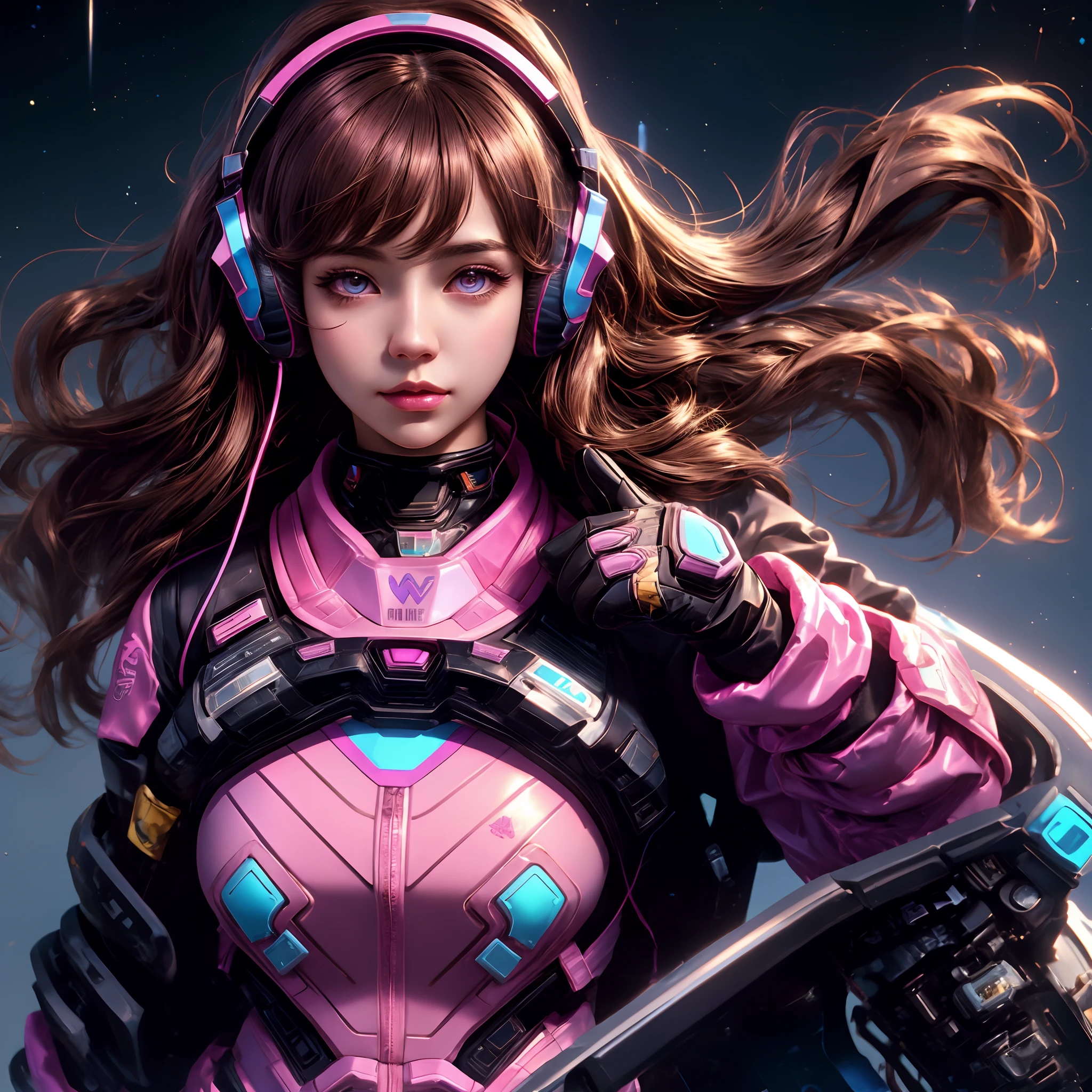 Masterpiece, Best Quality, High Resolution, 1girl, Super High Resolution, Solo, Mech Pilot, D.VA, Headphones, Pink Eyes, Blue Tights, Brown Hair, White Gloves, Cat Face Adornament,