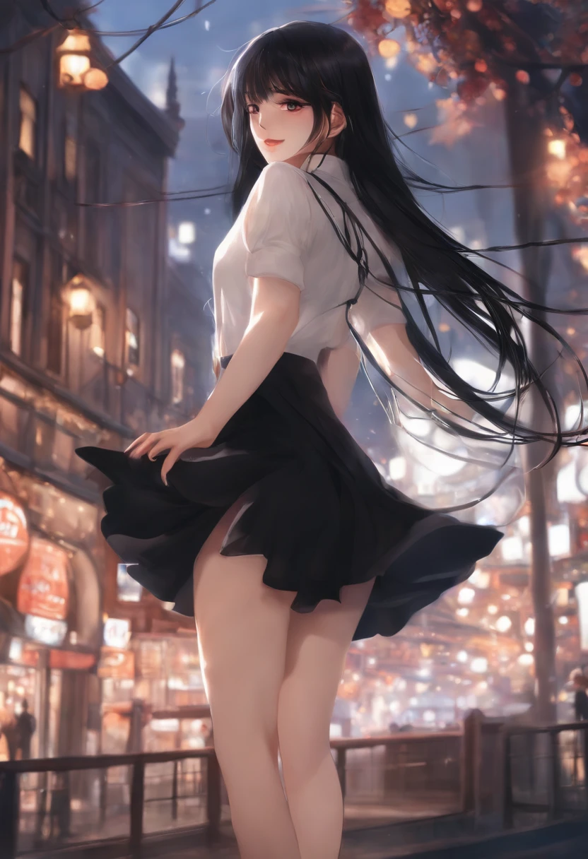 One has long black hair，Wearing a short black skirt，Wear black high heels on your feet，Has a pair of slender thighs，Bare-legged，The neck is tied by a rope，Beautiful anime girl hanging in midair