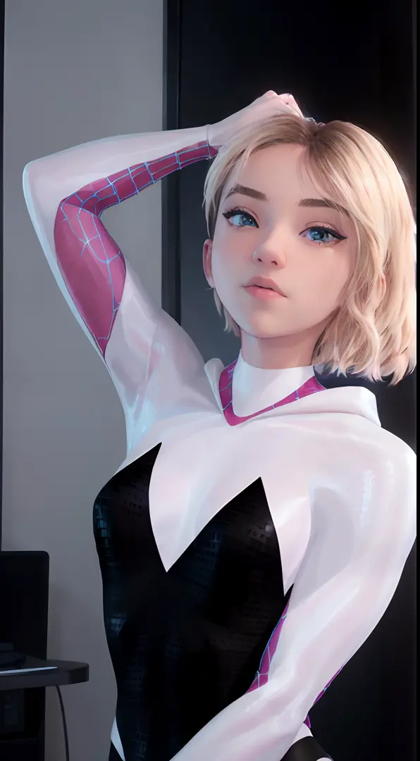 1girl, (35mm, Kodachrome, medium-full shot, masterpiece, best_quality, ultra-detailed, immaculate:1.3), hyper-realistic Gwen, Ghost Spider, organic-looking clothing, symbiote, eyes, fine art, highly detailed detailed cinematic rendering, ultra photorealist...