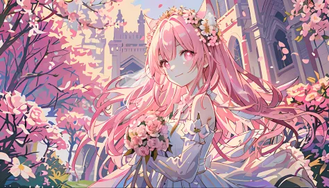 Bride with long pink hair holding a wedding bouquet in both hands，Fox ears and tail，Hold flowers in both hands，Garden background...