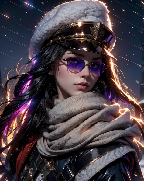 (4k), (best quality), (best details), (ultra realistic), kai'sa, russian soldier, winter, snow storm, russian hat, sunglasses, b...