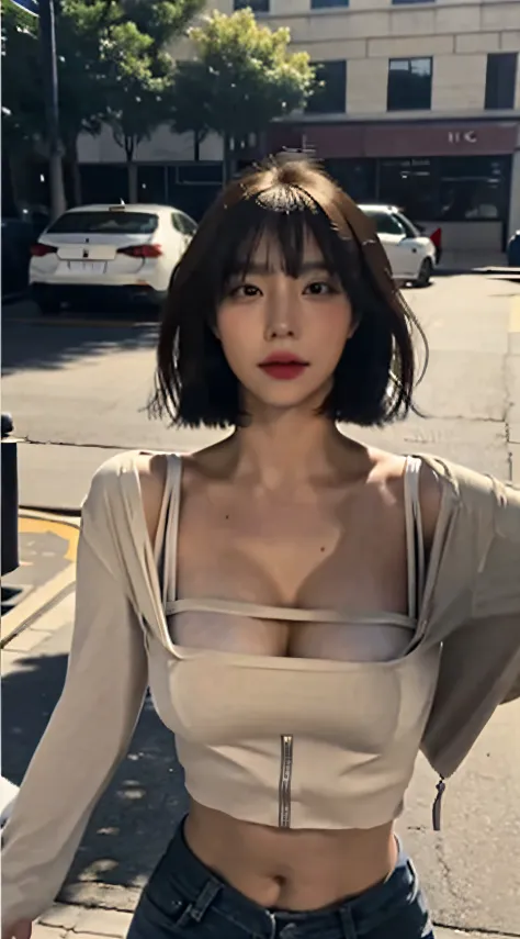 Best Quality, ​masterpiece, 8K, high resolucion, Full color, Solo, Street, Naturallight, Full color, looking up at viewer, single hair, ligh brown hair, Sweep Bang, very big bust, standing position, ABS Indication, Lift your clothes and show off your abs, ...