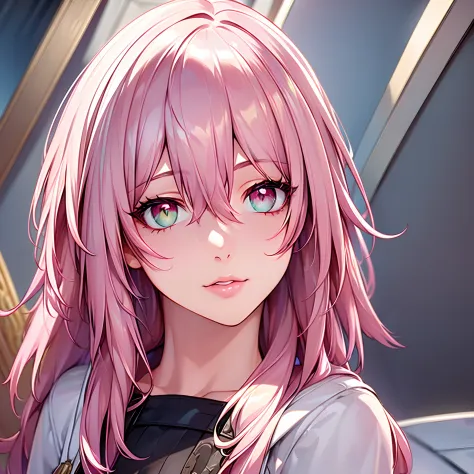 (best quality:1.2,ultra-detailed),(realistic:1.37),heterochromia pink and green eyes,pink hair,shoulder off jacket,beautiful detailed eyes,beautiful detailed lips,longeyelashes,ultra-fine painting,portraits,vivid colors,studio lighting