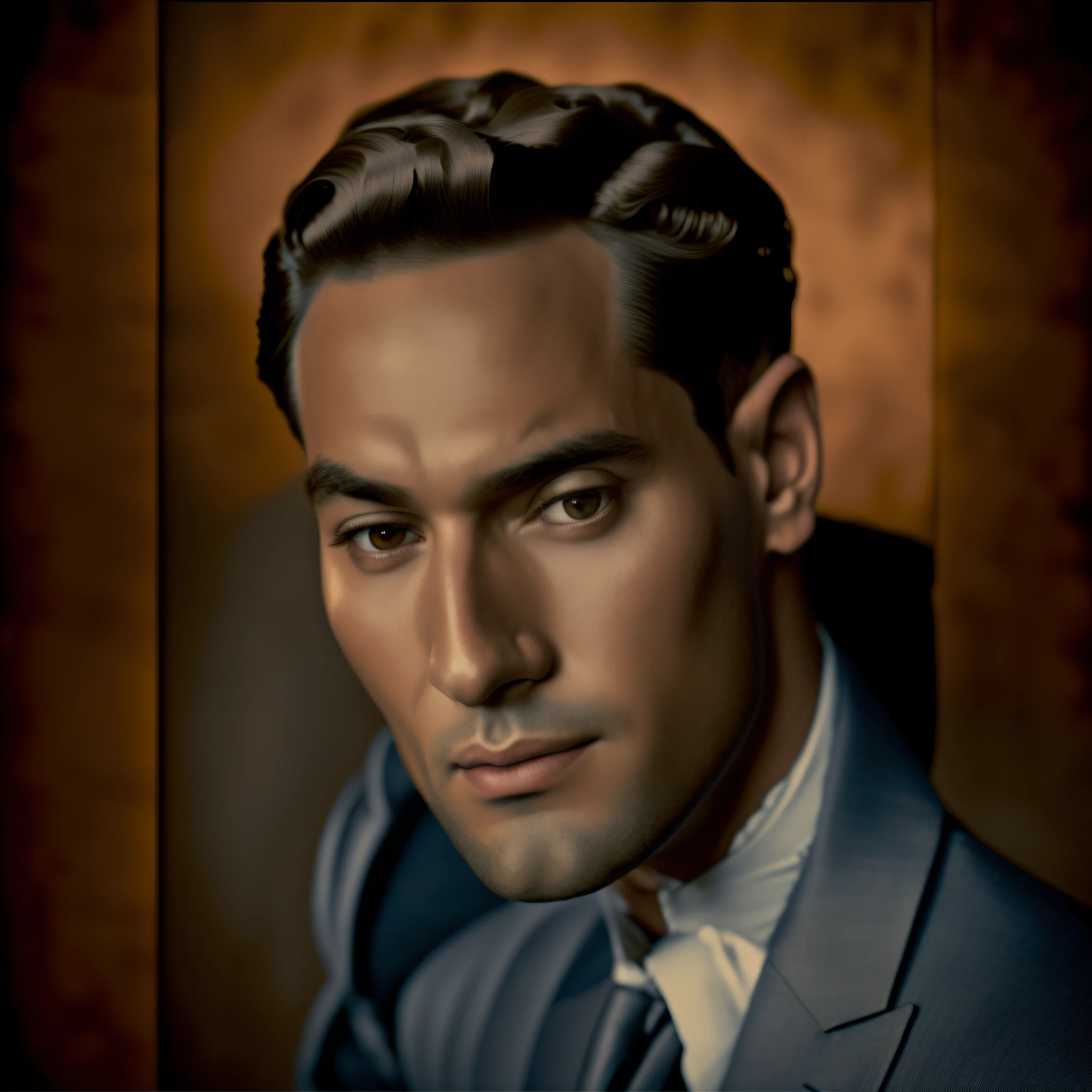 there is a man in a suit and tie posing for a picture, 1 9 3 0 s corte de cabelo, 1 9 2 0 s ator de cinema, colorido, 1 9 4 0 s corte de cabelo, Directed by: Howard Knotts, retrato colorido, inspirado em Edward Corbett, uma foto colorida, inspired by Oskar Lüthy, cara para cima com penteado 1 9 2 0 s,cinematic realistic photo (arte por John Philip Falter:1.1) ,arte por Tex Avery, [Alpaca wool of a charismatic man, Bokeh, Sorrindo::4] . Fotografia 35mm, Film, Bokeh, profissional, 4k, altamente detalhado