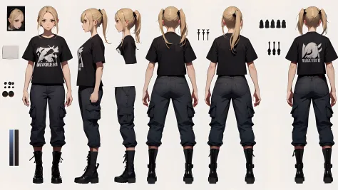 (Masterpiece, best quality), detailed, ((character concept art)), ((character design sheet, same character, front, side, back)), many items, (1girl, t-shirt, cargo pants, military boots, many parts), (light skin color:1) , (brown eyes), detailed face, rand...