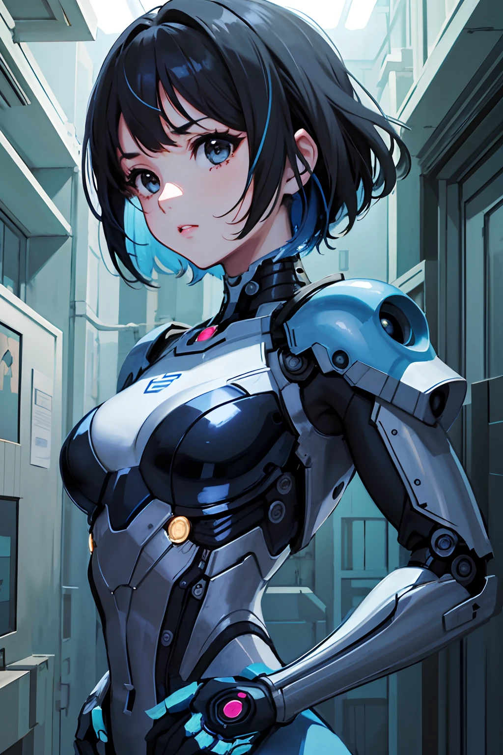 (highres, best quality:1.2), 1girl, radiance, soft contours, beautiful drawing, upper body, concept art, eyelashes, kyoani hyouka style, detailed background, bright colors,
 Blue skin, black hair, black eyes, serious, cyborg, sci-fi