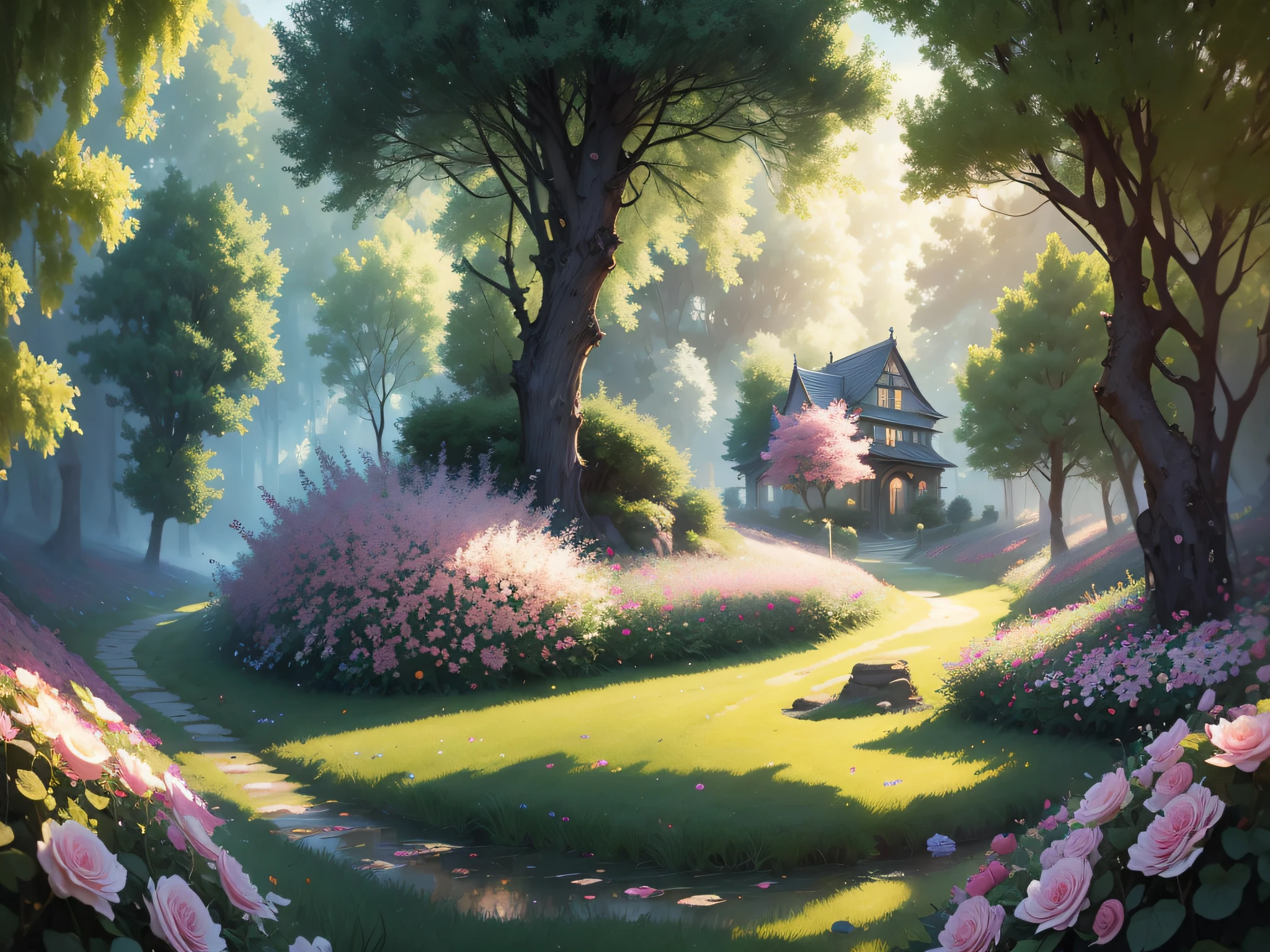 Renaissance, romanticism lain, Gothic art, OP Art, Monet, Luminism, Anime style, En plein air, Verism, shadowing, stereograms, hyper HD, Masterpiece, Super detail, Super detail, High quality, A high resolution，Back garden，in wonderland，magia，Rose flower，ln the forest，having picnic