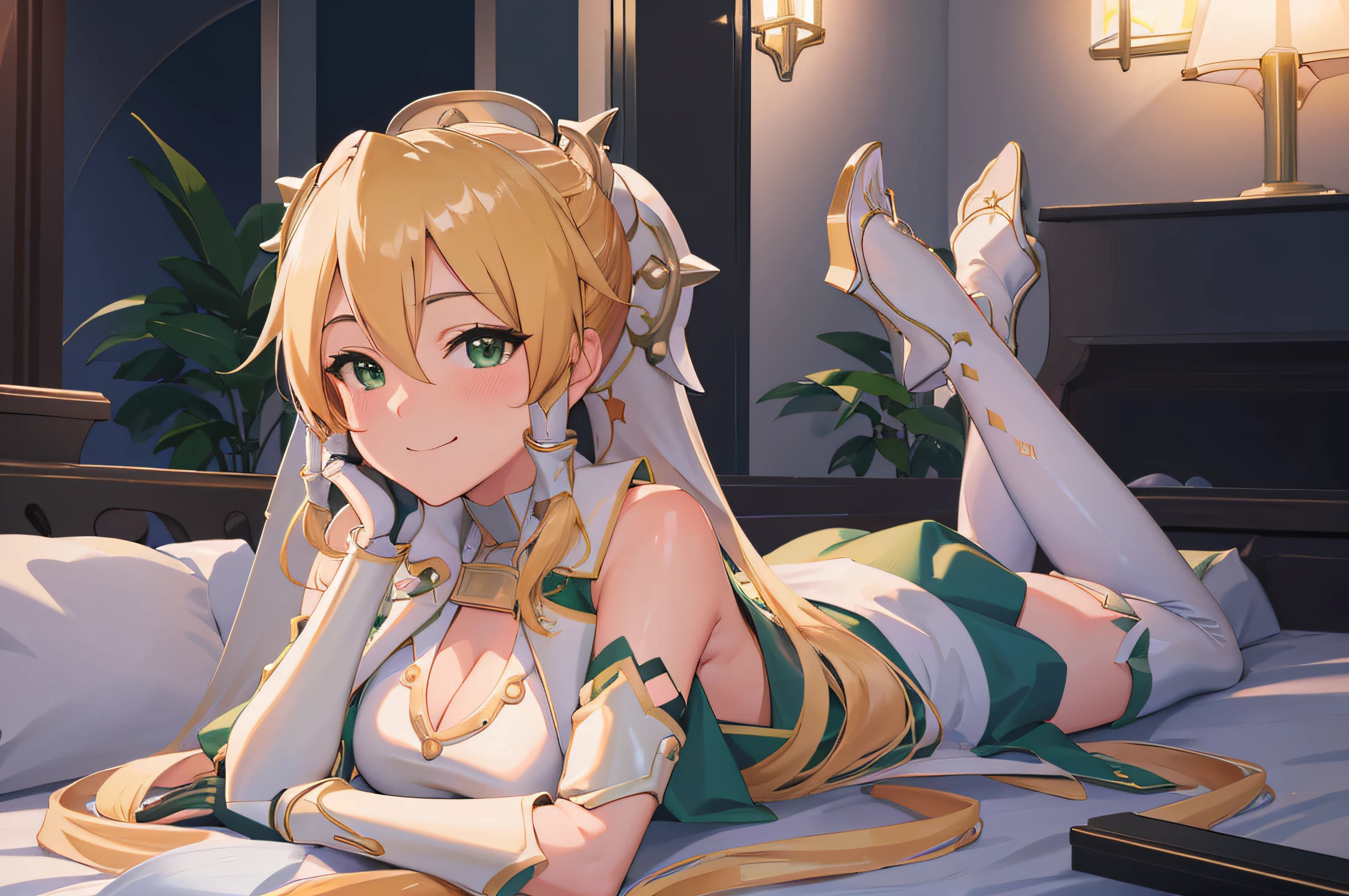 (masterpiece, best quality, detailed) ,1girl leafa ponytail,laying on a bed,seductive anime girl, attractive anime girl, smooth anime cg art, pretty anime girl, 4k anime wallpaper, at pixiv, sexy pose,eye details,teasing smile, clean detailed anime art,high resolution, (perfect hands, perfect anatomy),