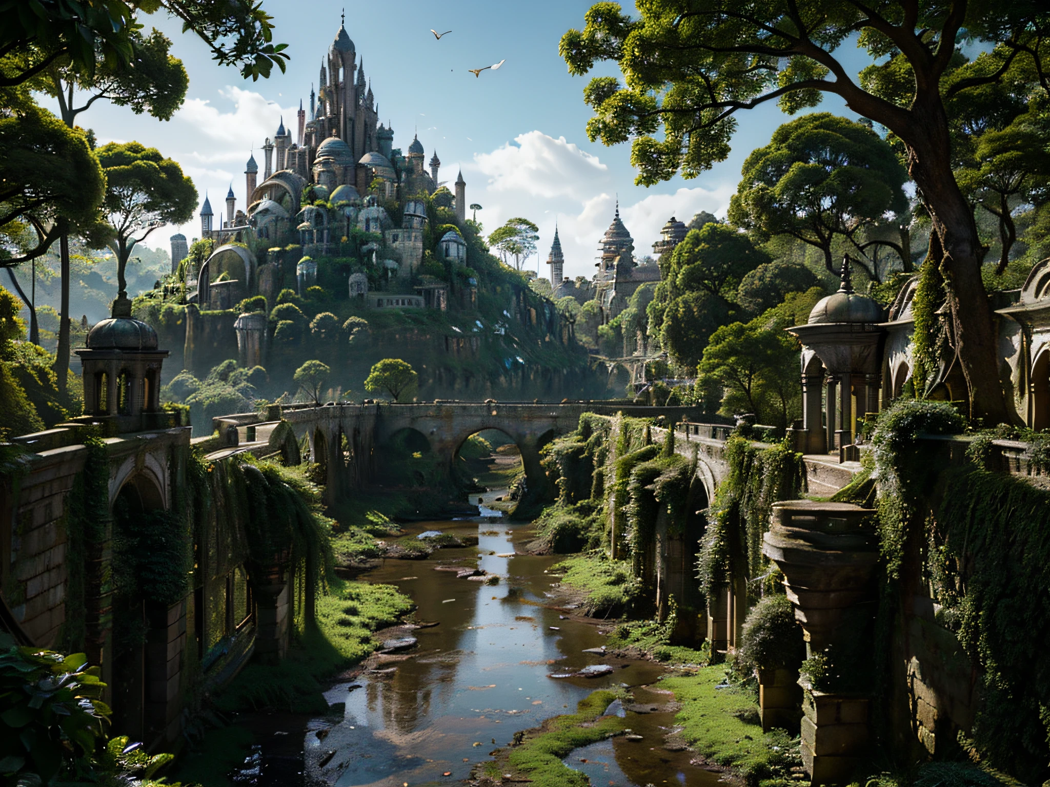 A ancient city reclaimed by the forest, crumbling stone walls and towers peeking through a sea of dense vegetation. Once splendid castle and temples, now just vine-covered rubble and moss-laden ruins poking above the treetops. Intricate stonework barely visible under thick creeping ivy and moss. Empty streets and alleys totally obscured by huge gnarled roots and flowering creepers. Crumbling statues of kings and queens stand weathered and worn, as squirrels and birds nest atop their heads. A gentle stream trickles through the cracked central plaza, waterfall cascading through where majestic palace once stood. Only bats reside here now, roosting in the damp catacombs beneath temples. Birdsong and rustling leaves have replaced hymns and human voices. The mighty walls that once protected now gradually decaying as the forest reclaims its land. This drowned city a relic of a lost people, slowly being enveloped forever in the embrace of the woodland realm.