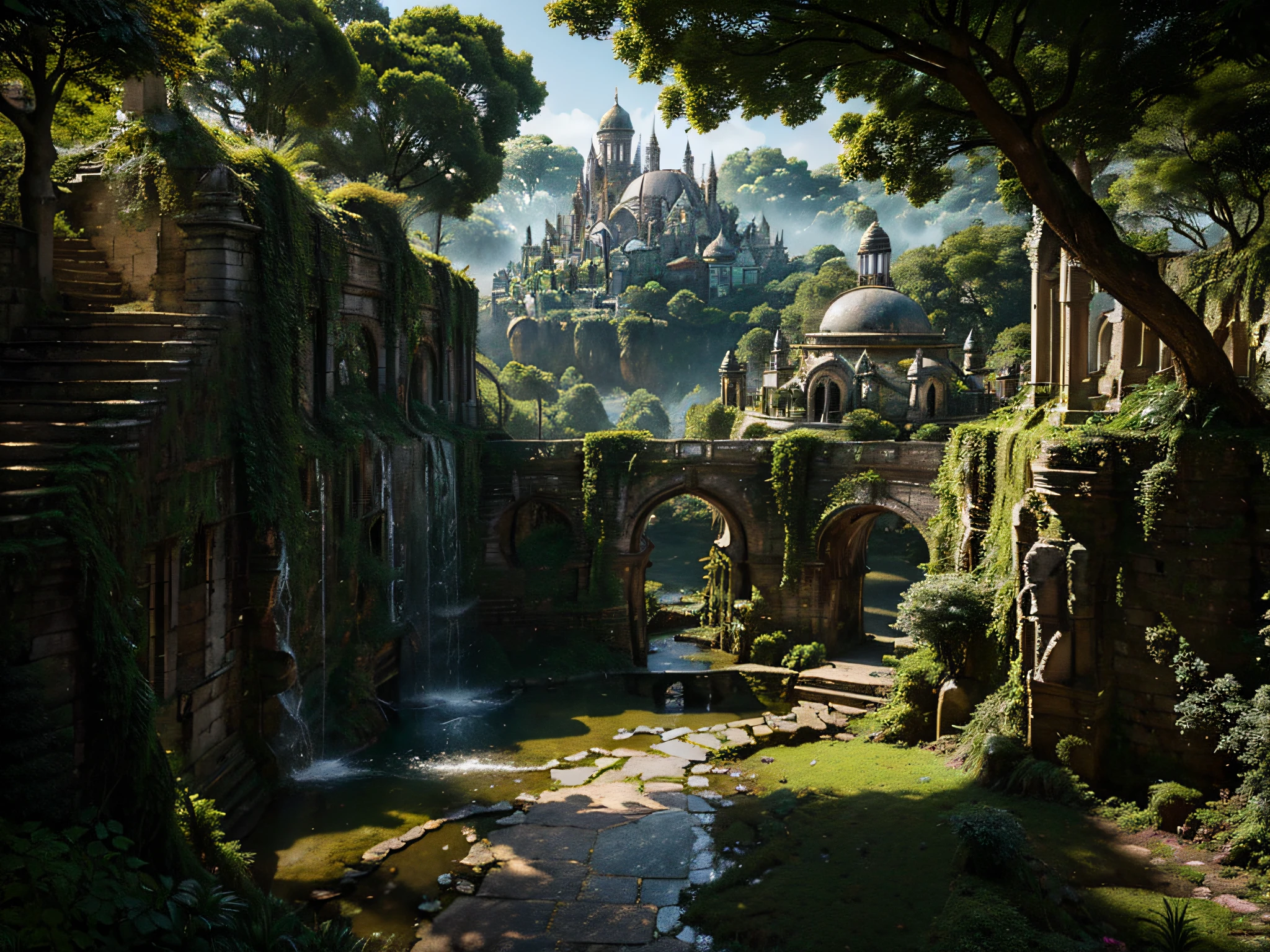 A ancient city reclaimed by the forest, crumbling stone walls and towers peeking through a sea of dense vegetation. Once splendid castle and temples, now just vine-covered rubble and moss-laden ruins poking above the treetops. Intricate stonework barely visible under thick creeping ivy and moss. Empty streets and alleys totally obscured by huge gnarled roots and flowering creepers. Crumbling statues of kings and queens stand weathered and worn, as squirrels and birds nest atop their heads. A gentle stream trickles through the cracked central plaza, waterfall cascading through where majestic palace once stood. Only bats reside here now, roosting in the damp catacombs beneath temples. Birdsong and rustling leaves have replaced hymns and human voices. The mighty walls that once protected now gradually decaying as the forest reclaims its land. This drowned city a relic of a lost people, slowly being enveloped forever in the embrace of the woodland realm.