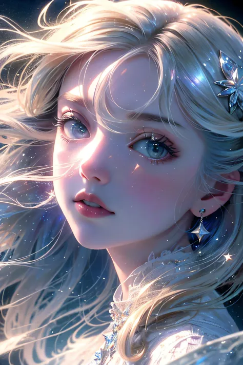 (High quality, 8K), (Soft light), Detailed face, Detailed eyes, Transparent eyes, Woman admiring sky and starry view, Starry sky, Star, Milky way, White Dress, landscape, Flowers, Water Long Hair, look up sky, deautiful eyes